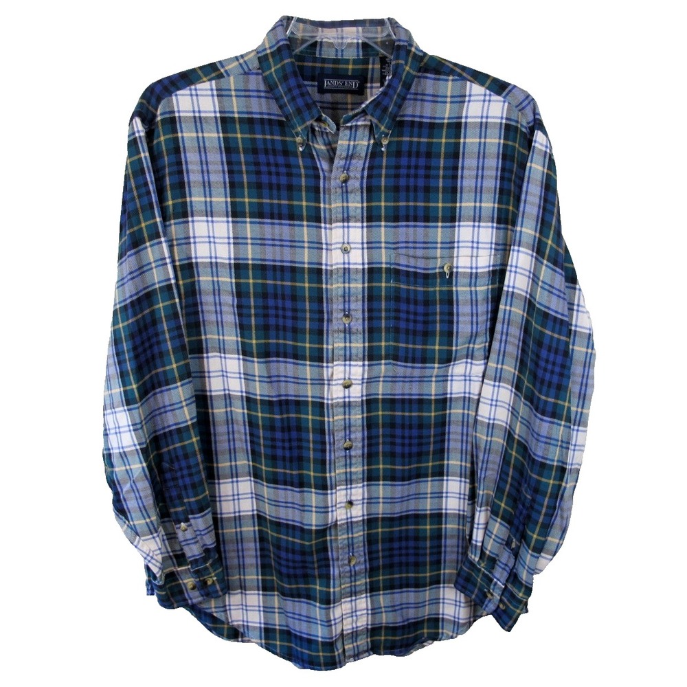Lands' End Long Sleeve Button Down Flannel Shirt Men's Large Tall Green Plaid